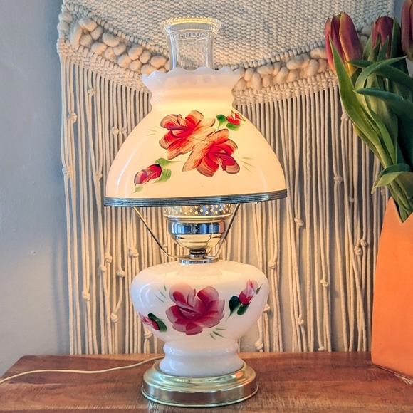 Vintage Hand-Painted Milk Glass Hurricane Lamp - Floral Rose Detail